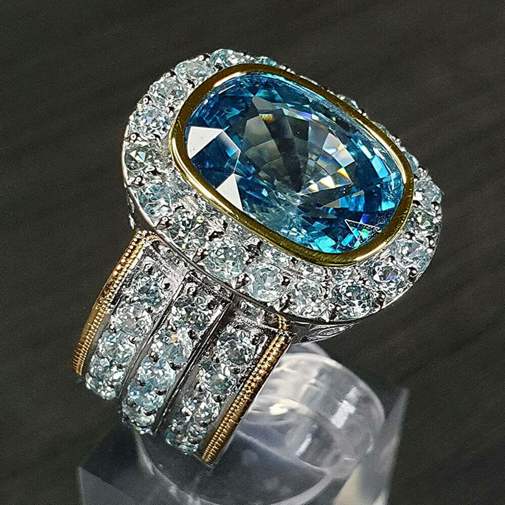 Brilliant Sky Blue CZ Women Rings Two Tone Bridal Wedding Evening Party Accessories