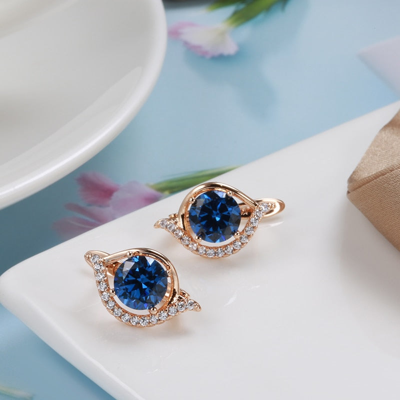 Luxury Oval Geometric Blue Zircon Clip Earrings For Women 585 Rose Gold