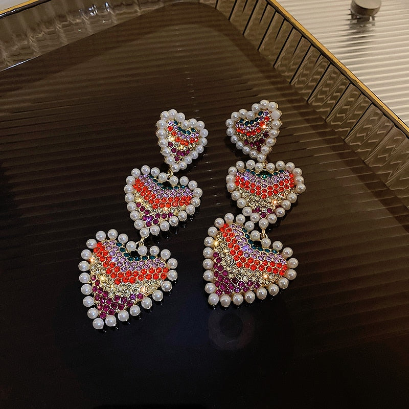 Sweet Pearl Love Heart Colorful Rhinestone Dangle Earrings Style HF4UE7162