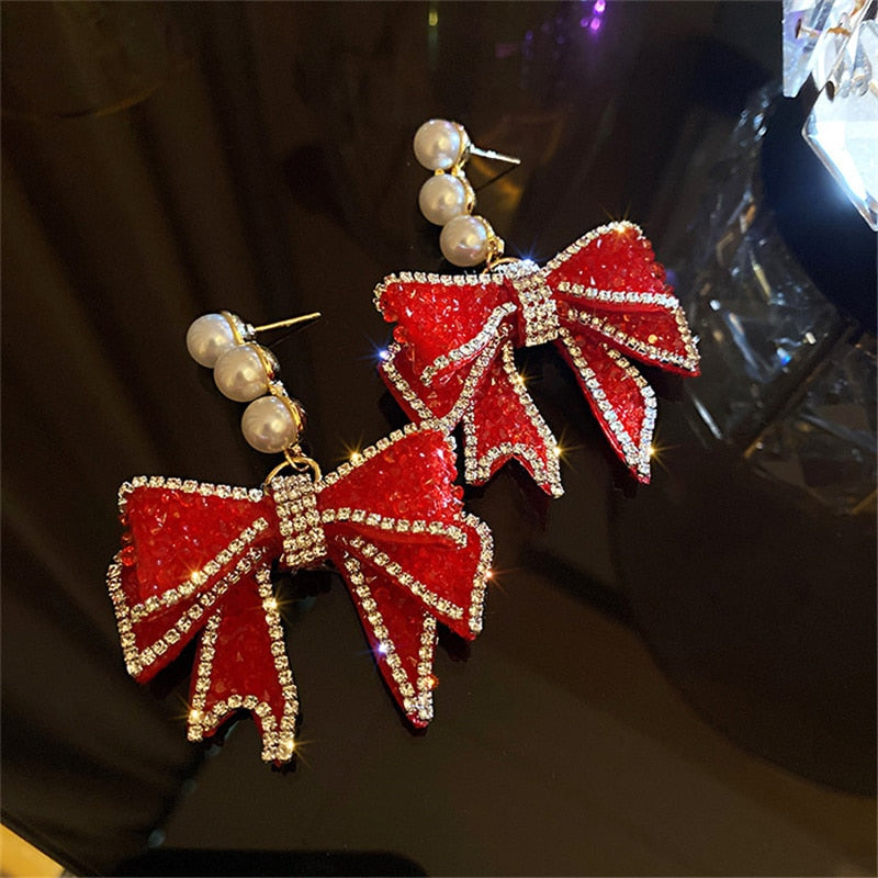 Red Bowknot Dangle With Three Pearl Rhinestone Earrings