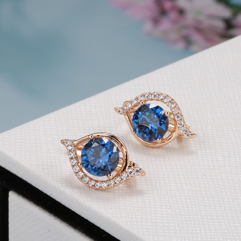 Luxury Oval Geometric Blue Zircon Clip Earrings For Women 585 Rose Gold