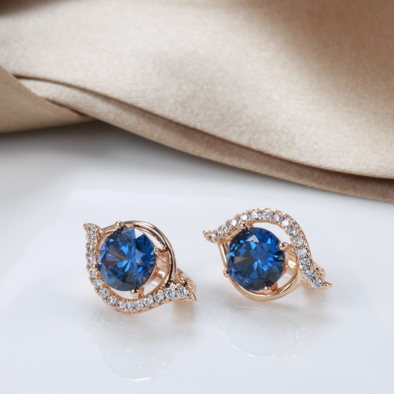 Luxury Oval Geometric Blue Zircon Clip Earrings For Women 585 Rose Gold