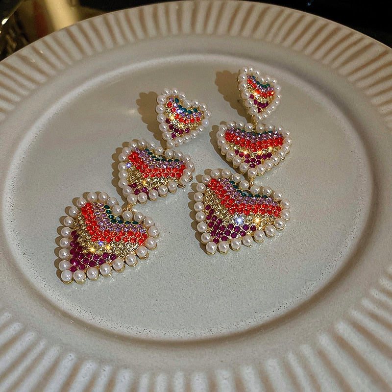 Sweet Pearl Love Heart Colorful Rhinestone Dangle Earrings Style HF4UE7162