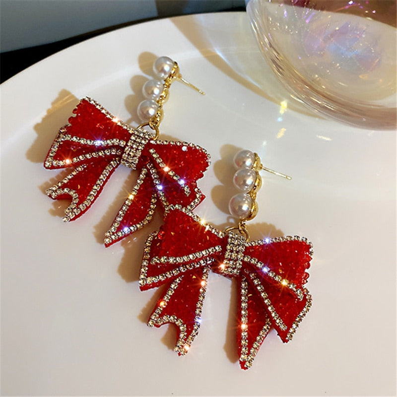 Red Bowknot Dangle With Three Pearl Rhinestone Earrings