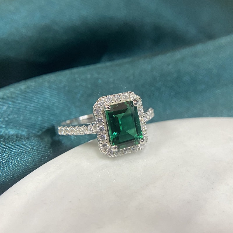 925 Sterling Silver Created Moissanite Emerald Gemstone Rings