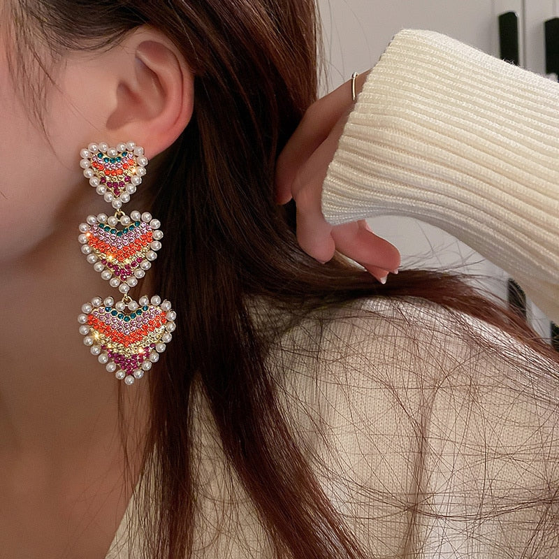 Sweet Pearl Love Heart Colorful Rhinestone Dangle Earrings Style HF4UE7162