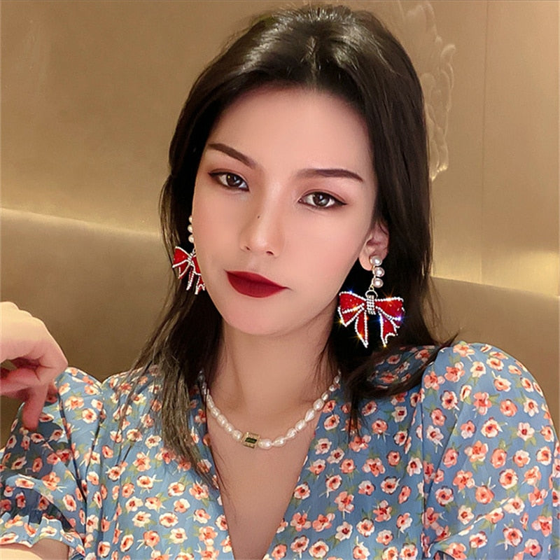 Red Bowknot Dangle With Three Pearl Rhinestone Earrings