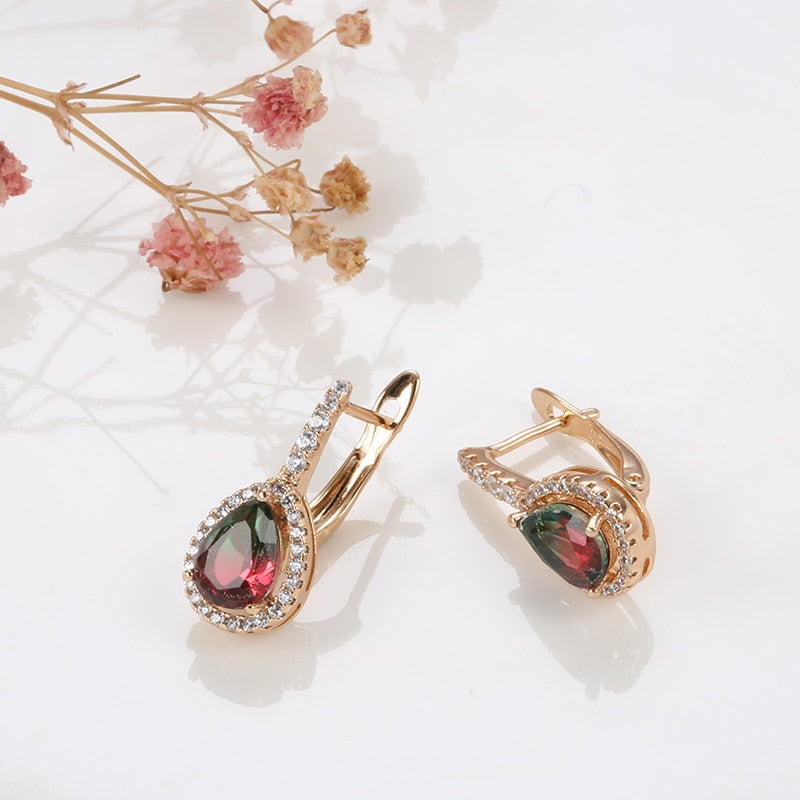 Vintage 585 Rose Gold Earrings Rainbow Zirconia Natural Stone Crystal Earrings for Women Wedding  Jewelry Style F4UJR-115
