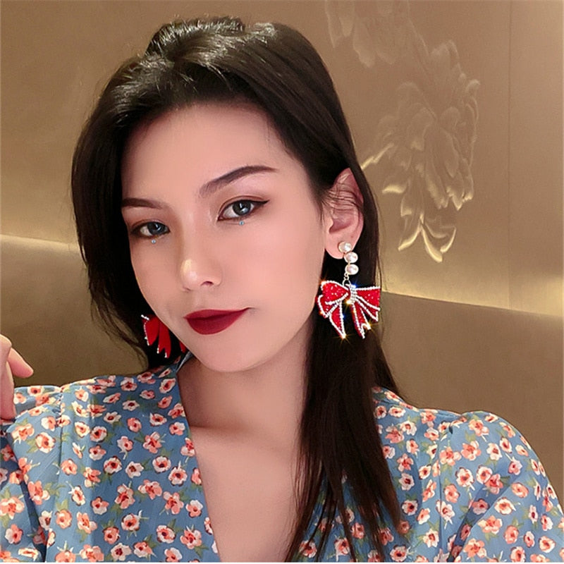 Red Bowknot Dangle With Three Pearl Rhinestone Earrings