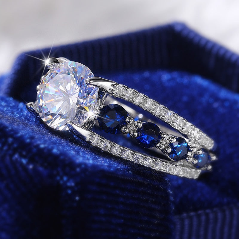 Women Blue/White Round CZ Novel Designed Female Party Ring Temperament Gift Trendy Jewelry
