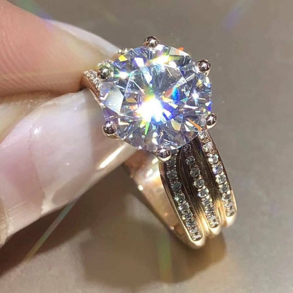 Luxury Gold Color Women Engagement Wedding Rings Inlaid Shiny CZ Noble Party Jewelry Nice Anniversary Gift Fashion Rings