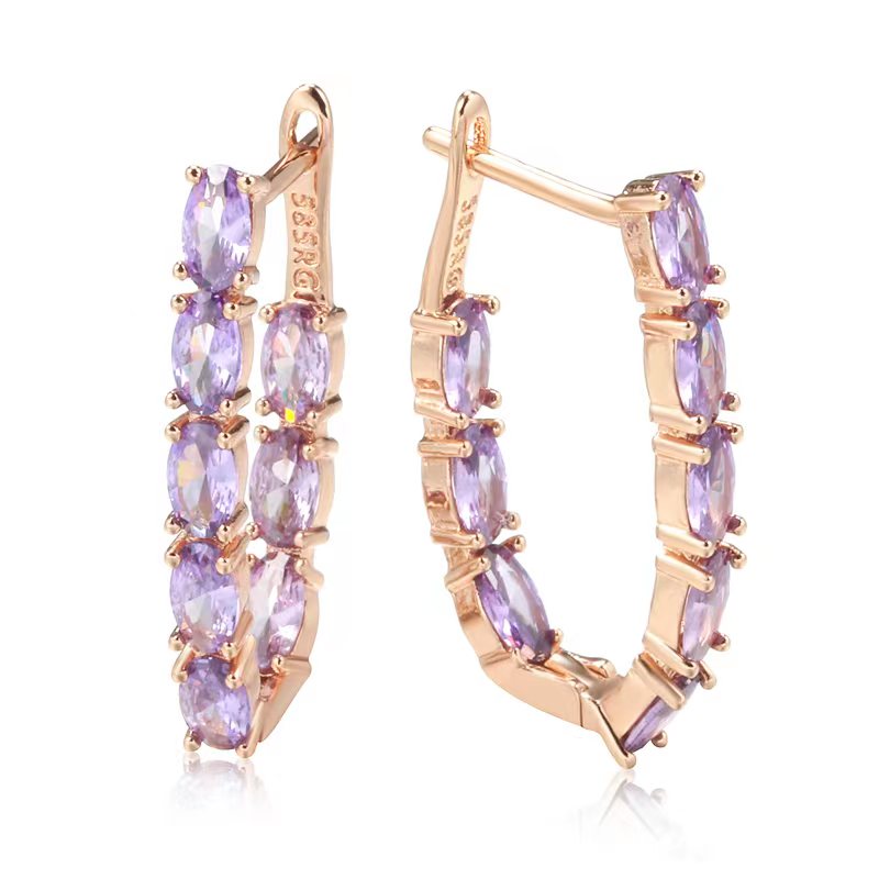 Rose Gold Plated Luxury Full Claw Oval Purple Zircon Metal Earrings Style HF4U0920JD