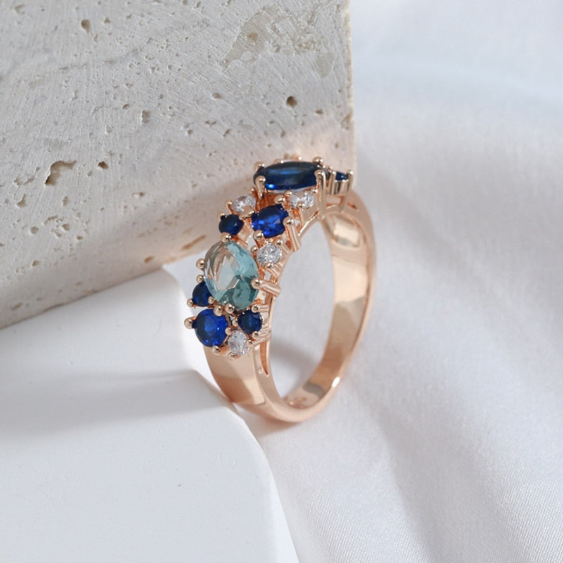 Full Zircon Double Blue Design Luxury 585 Gold Color Rings Style ZF4U0538JD