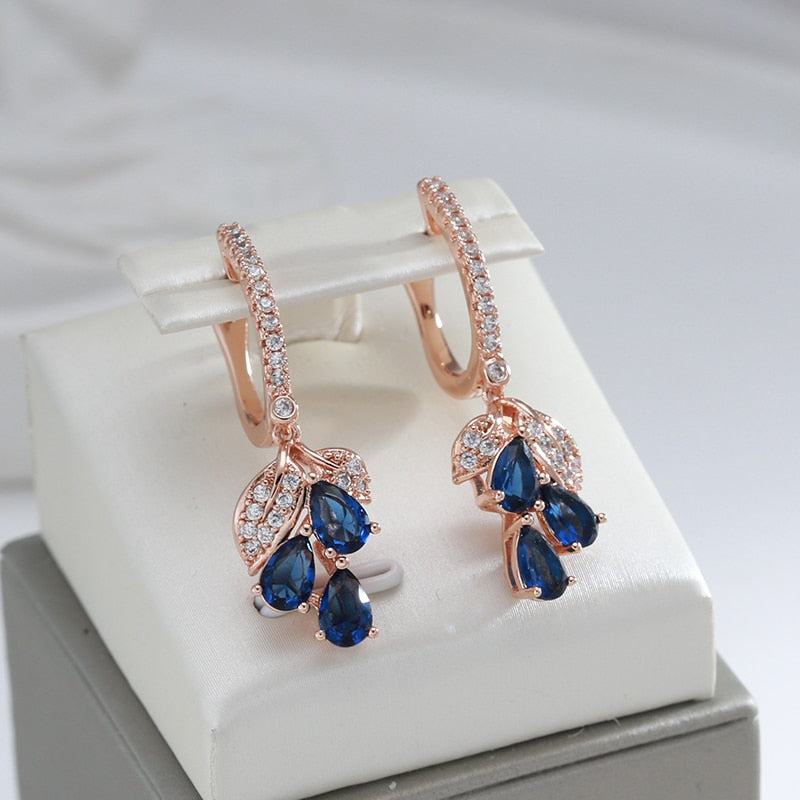 Luxury 585 Rose Gold Plated Full Zircon Drop Blue Dangle Earrings