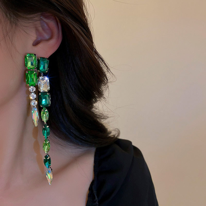 Fashion Square Green Crystal Long Tassel Geometric Dangle Earrings Style HF4UE7748
