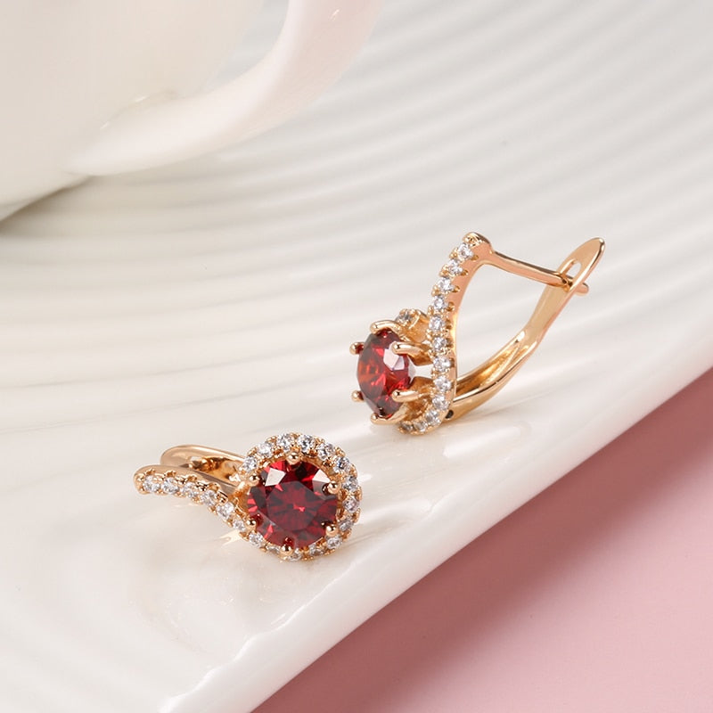 Luxury Full White Zircon And Round Red Zircon Rose Gold Earring Style HF4U0262JD