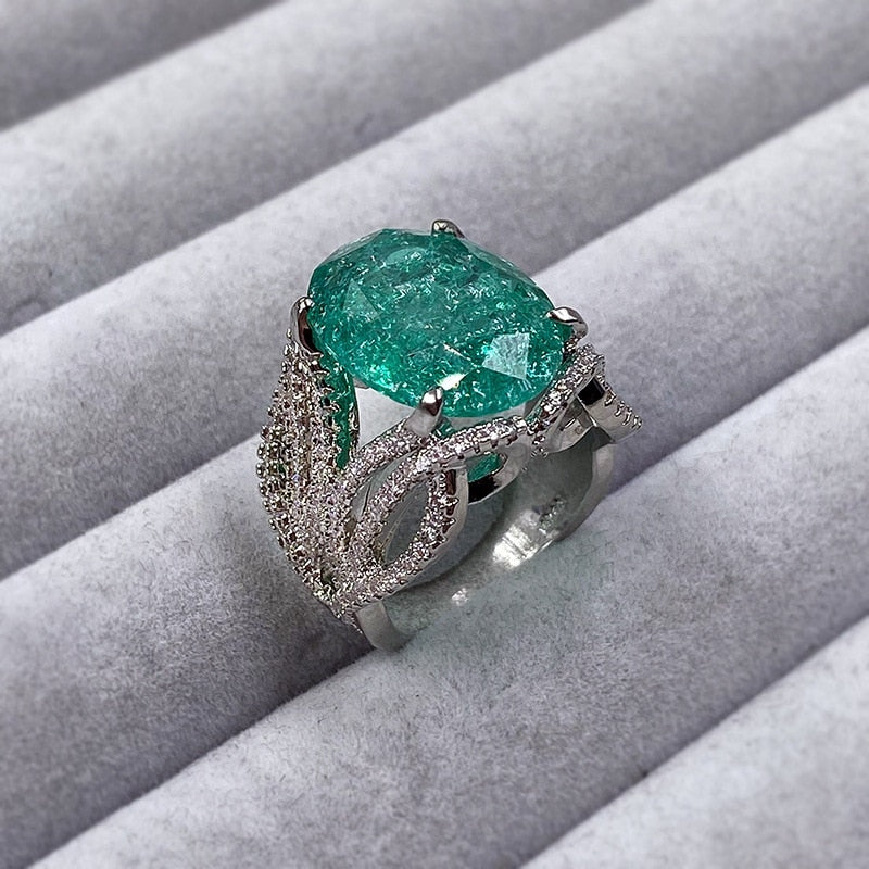 925 Silver Plated Exquisite Blue Green Moissanite Ring Fire Sparkling Luxury Open Ring Female Party Birthday Jewelry Gift