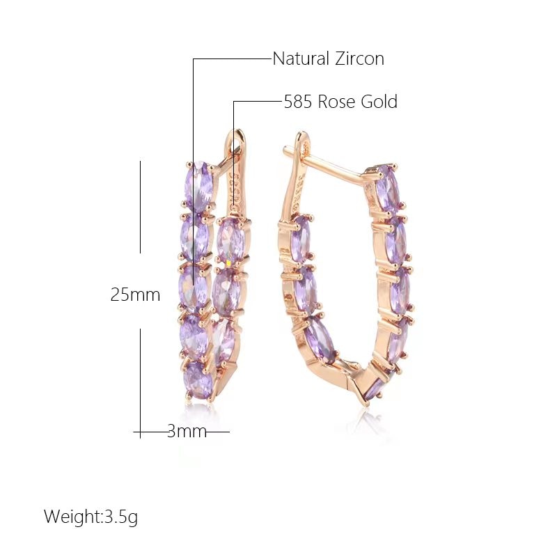 Rose Gold Plated Luxury Full Claw Oval Purple Zircon Metal Earrings Style HF4U0920JD