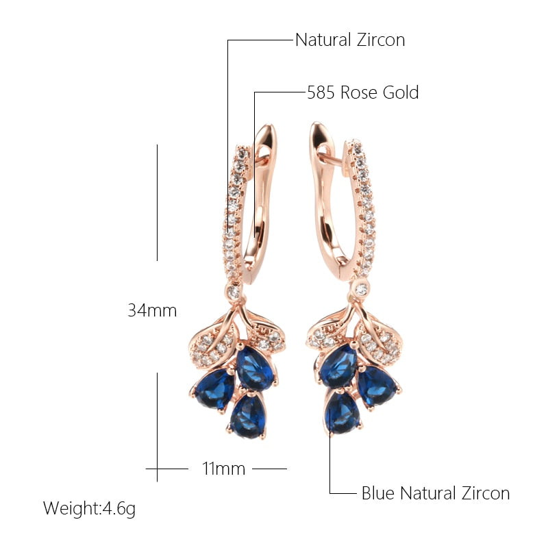Luxury 585 Rose Gold Plated Full Zircon Drop Blue Dangle Earrings