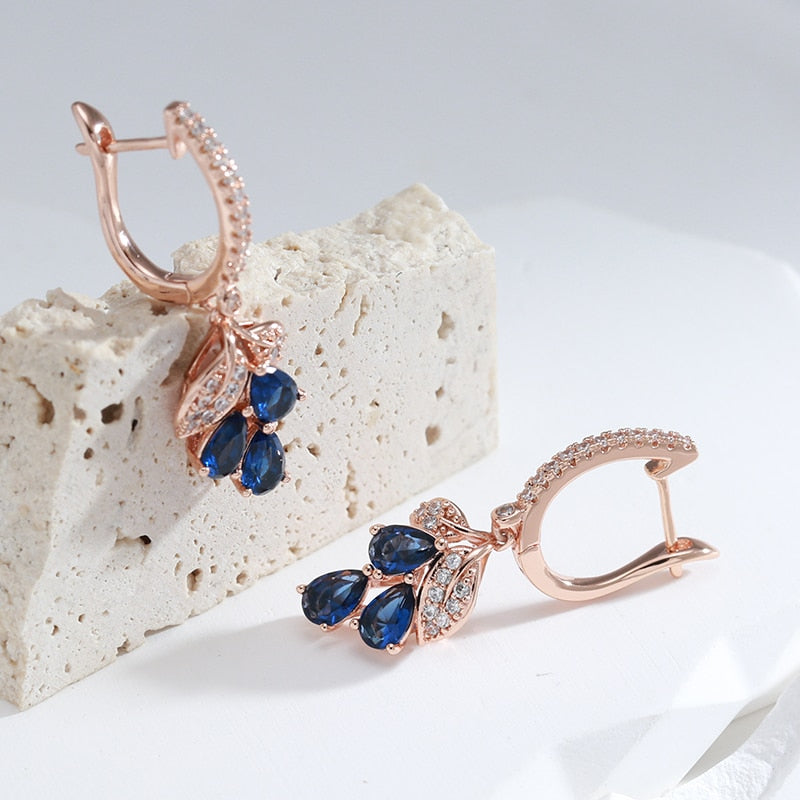 Luxury 585 Rose Gold Plated Full Zircon Drop Blue Dangle Earrings