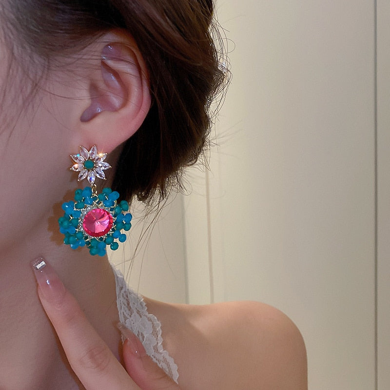 Baroque Style Blue And Pink Crystal Ball Drop Earrings Style HF4UE9031