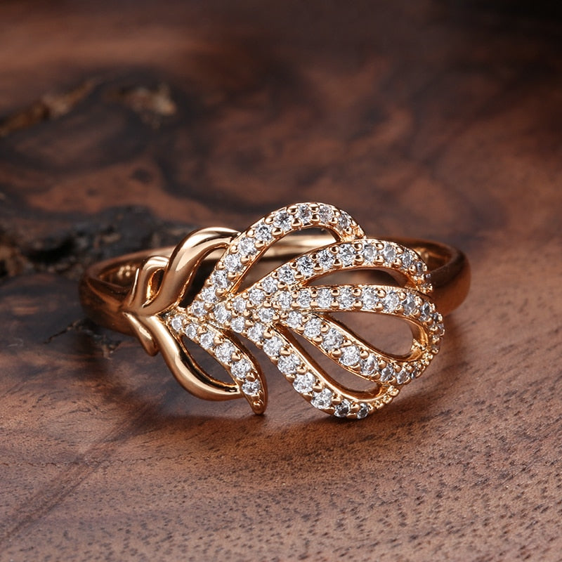 Luxury Full Zircon Fashion Rings Jewelry 585 Rose Gold Color Leaf Texture