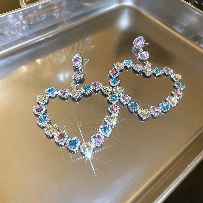 Sweet Colorful Heart Crystal Drop Earrings, Style JLRE9449
