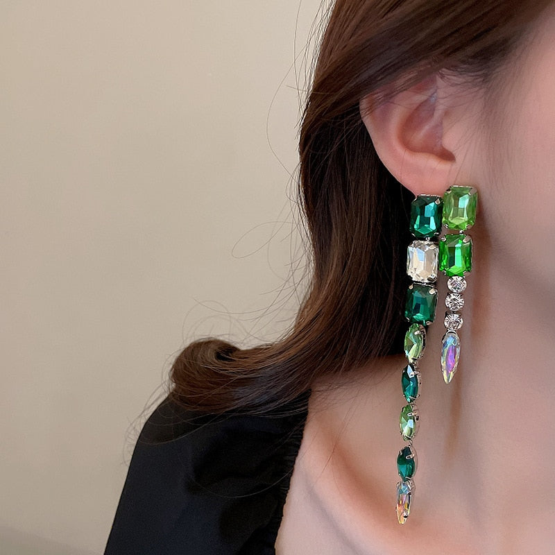 Fashion Square Green Crystal Long Tassel Geometric Dangle Earrings Style HF4UE7748
