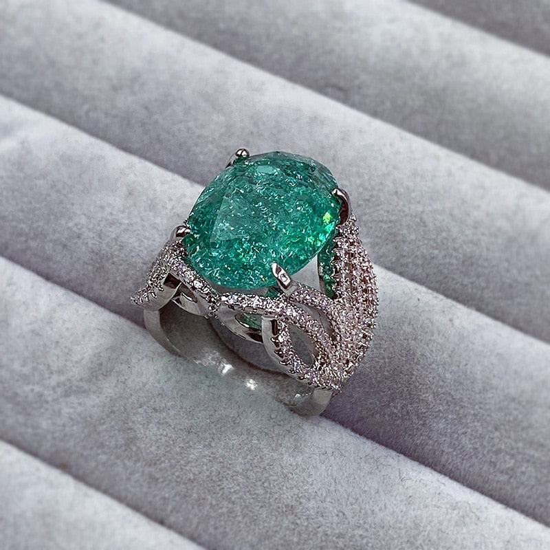 925 Silver Plated Exquisite Blue Green Moissanite Ring Fire Sparkling Luxury Open Ring Female Party Birthday Jewelry Gift