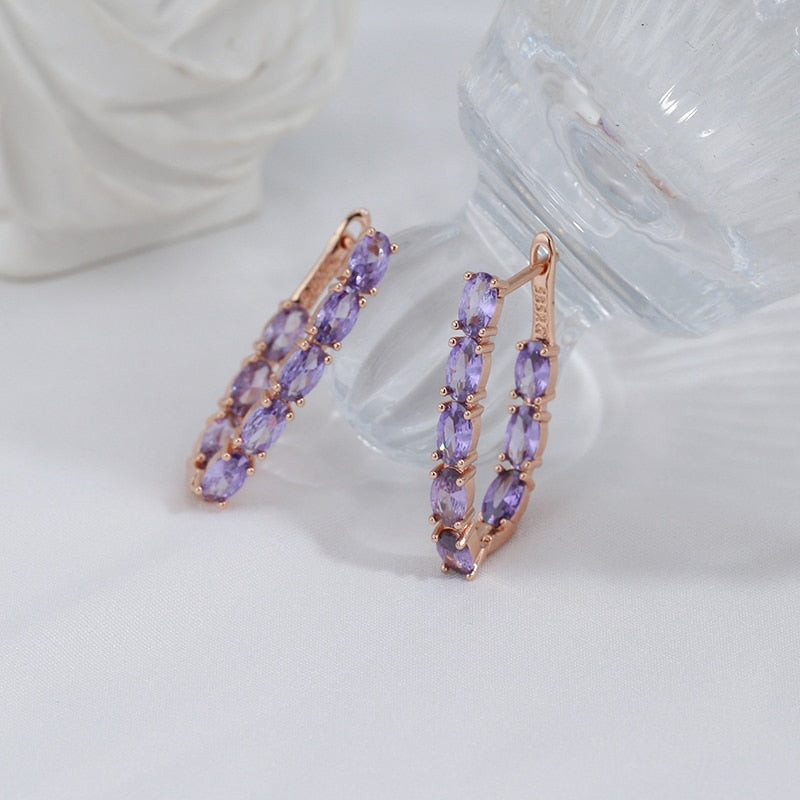 Rose Gold Plated Luxury Full Claw Oval Purple Zircon Metal Earrings Style HF4U0920JD