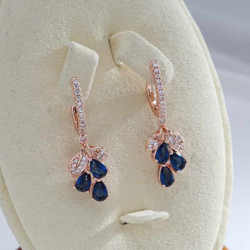 Luxury 585 Rose Gold Plated Full Zircon Drop Blue Dangle Earrings