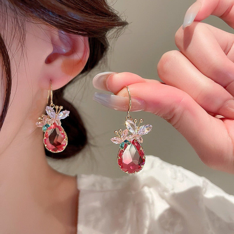 Butterfly Zircon Crystal Drop Pink Water Drop Earrings Style HF4UE9992