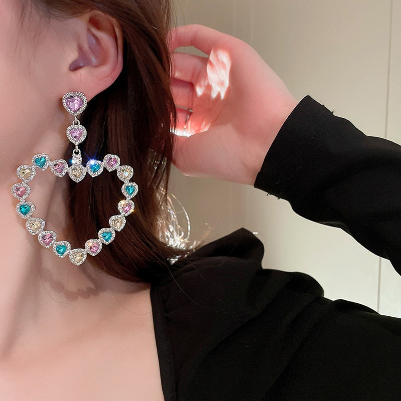 Sweet Colorful Heart Crystal Drop Earrings, Style JLRE9449
