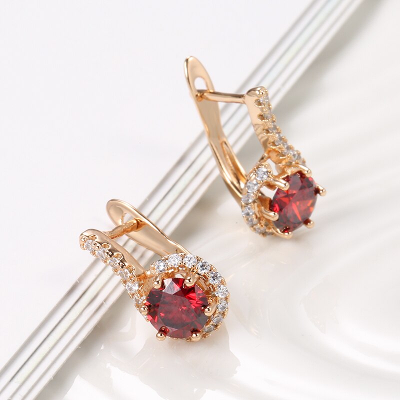 Luxury Full White Zircon And Round Red Zircon Rose Gold Earring Style HF4U0262JD