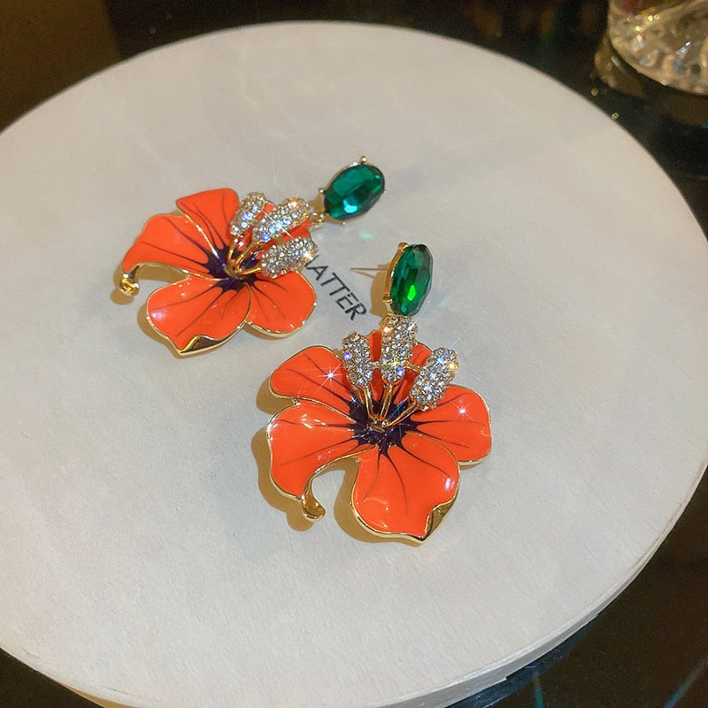 Orange Enamel Flowers Drop Earrings
