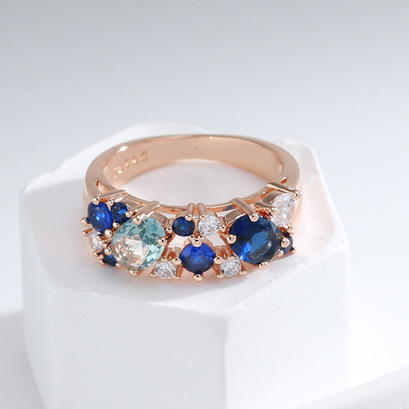 Full Zircon Double Blue Design Luxury 585 Gold Color Rings Style ZF4U0538JD