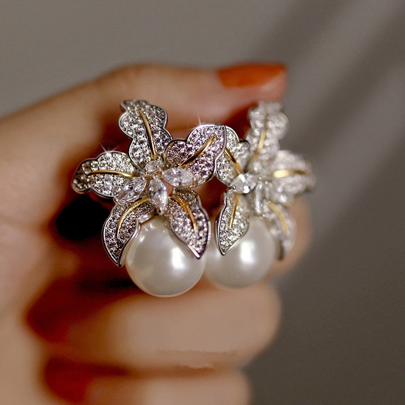 Gorgeous Flower Imitation Pearl Earrings Luxury Inlaid Sparkling CZ Stone Fashion Wedding Jewelry