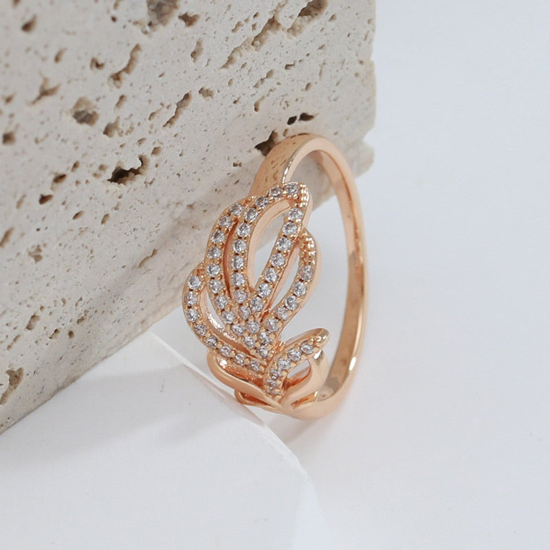 Luxury Full Zircon Fashion Rings Jewelry 585 Rose Gold Color Leaf Texture