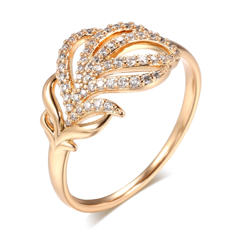 Luxury Full Zircon Fashion Rings Jewelry 585 Rose Gold Color Leaf Texture