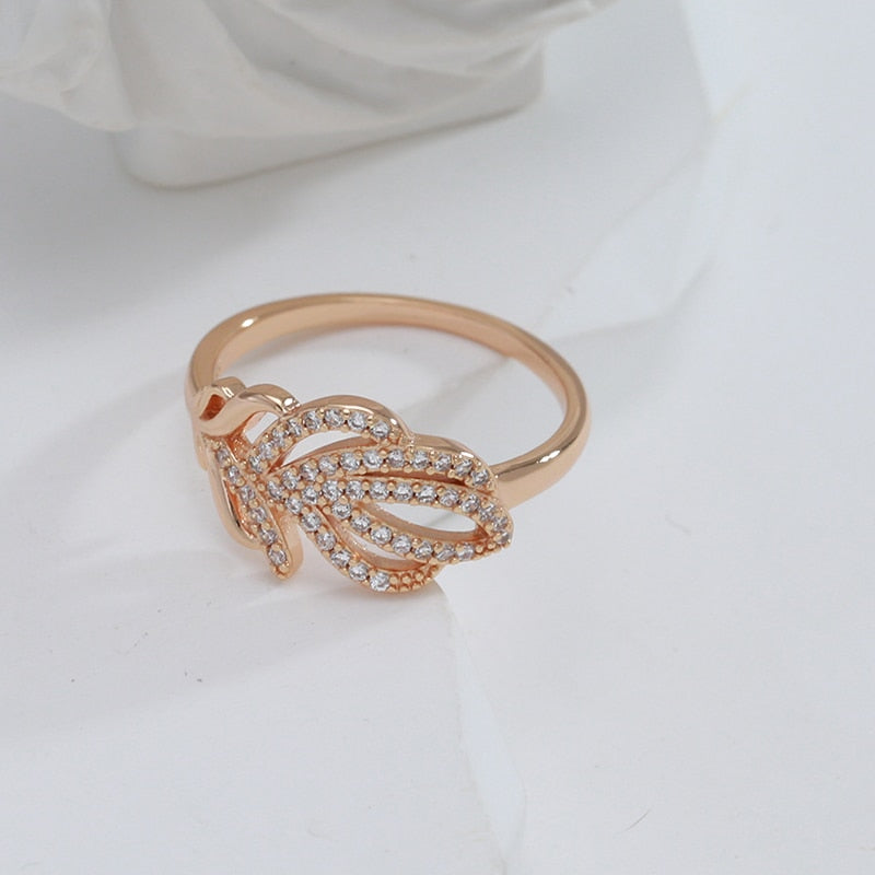 Luxury Full Zircon Fashion Rings Jewelry 585 Rose Gold Color Leaf Texture
