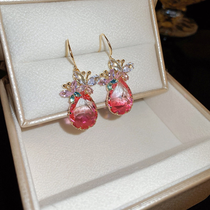 Butterfly Zircon Crystal Drop Pink Water Drop Earrings Style HF4UE9992