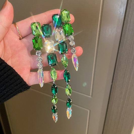 Fashion Square Green Crystal Long Tassel Geometric Dangle Earrings Style HF4UE7748