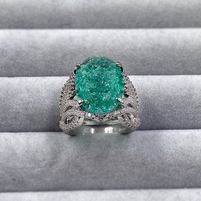 925 Silver Plated Exquisite Blue Green Moissanite Ring Fire Sparkling Luxury Open Ring Female Party Birthday Jewelry Gift
