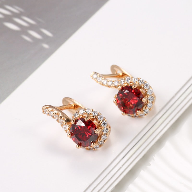 Luxury Full White Zircon And Round Red Zircon Rose Gold Earring Style HF4U0262JD