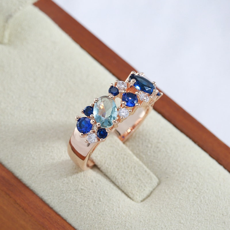 Full Zircon Double Blue Design Luxury 585 Gold Color Rings Style ZF4U0538JD