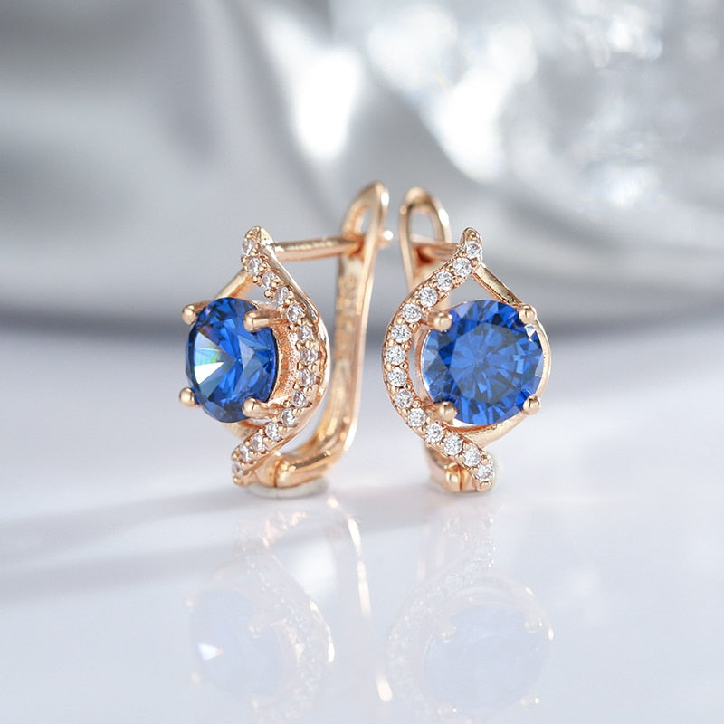 Luxury Oval Geometric Blue Zircon Clip Earrings For Women 585 Rose Gold