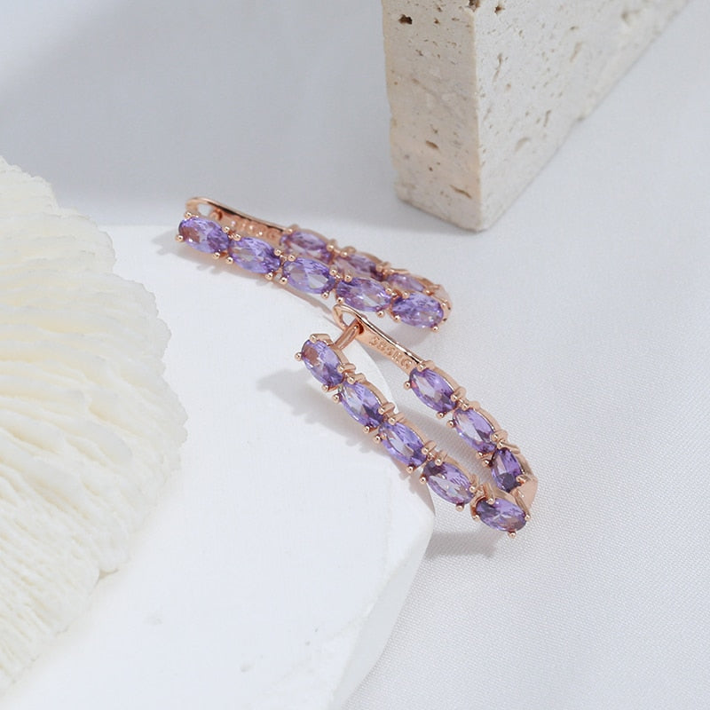 Rose Gold Plated Luxury Full Claw Oval Purple Zircon Metal Earrings Style HF4U0920JD
