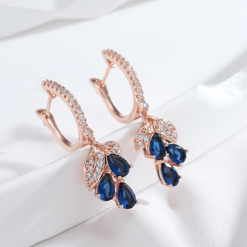 Luxury 585 Rose Gold Plated Full Zircon Drop Blue Dangle Earrings