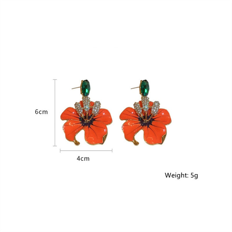 Orange Enamel Flowers Drop Earrings
