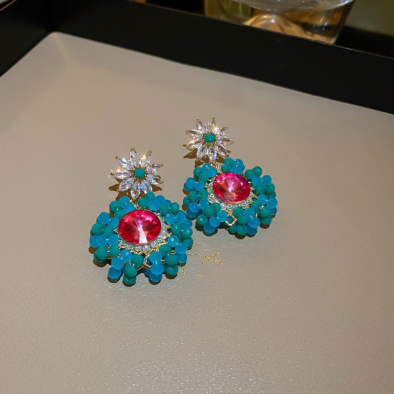 Baroque Style Blue And Pink Crystal Ball Drop Earrings Style HF4UE9031